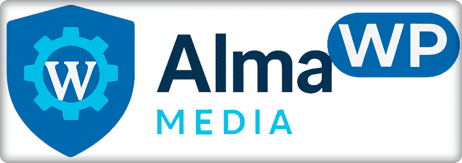 Logotipo almawp media bn2 escudo con engranaje y texto corporativo, un emblema en tonos azules que muestra un escudo con un engranaje que alberga la letra W a la izquierda y, a la derecha, la palabra Alma en azul oscuro con un óvalo azul que contiene WP en blanco y la palabra MEDIA en cian debajo, diseño limpio y de alto contraste optimizado para accesibilidad y reconocimiento de marca.